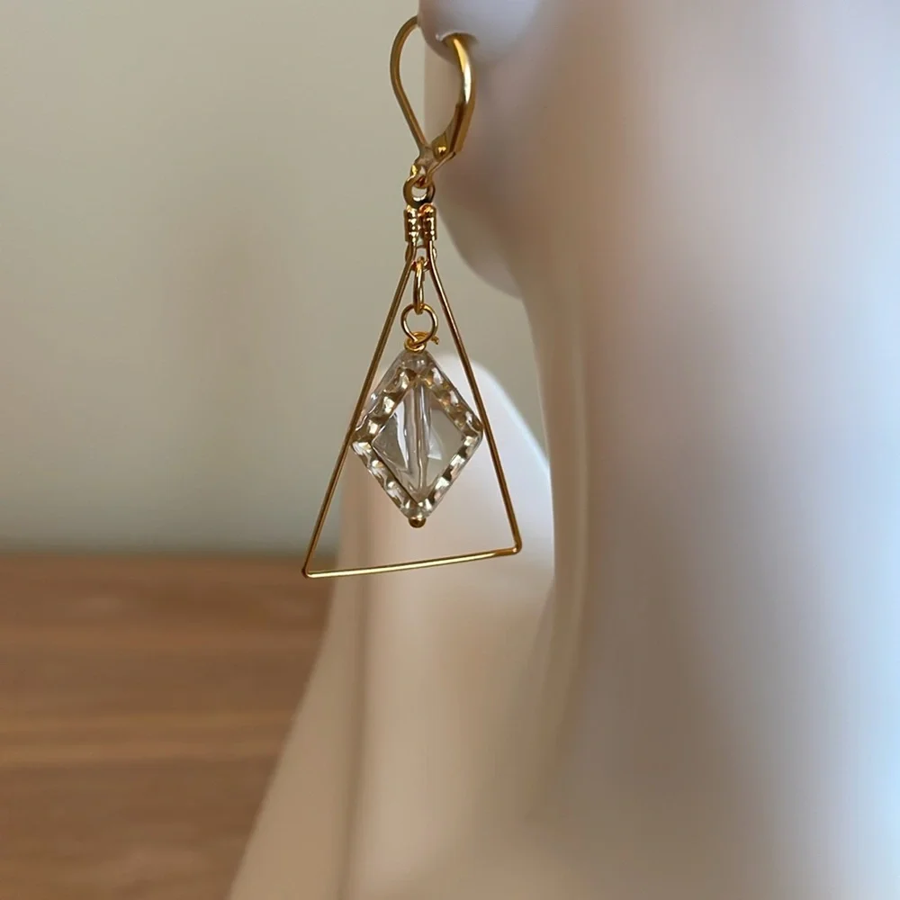 HAND CRAFTED TRIANGULAR PIERCED EARRINGS Gold Clear Statement Drop